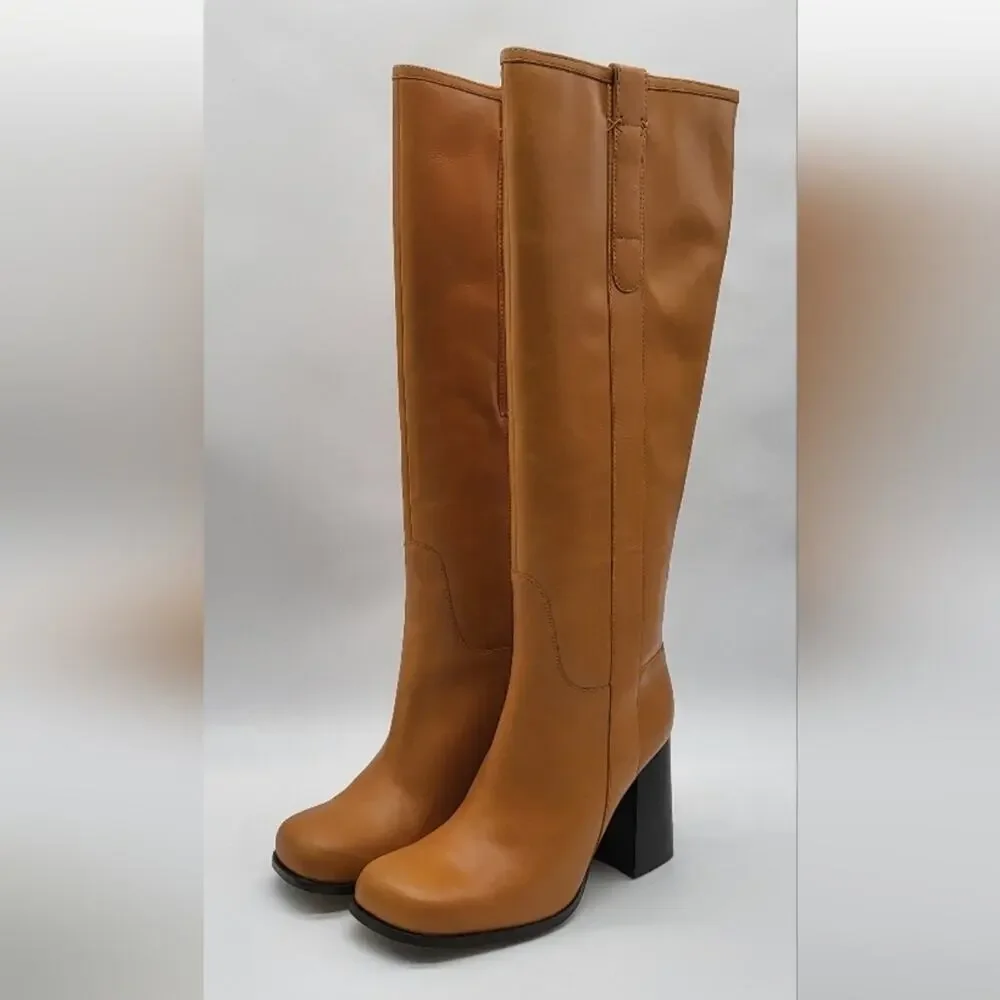 Free People Naomi Tall Heel Boots Taupe Leather Size 8.5 Knee High Block Heel